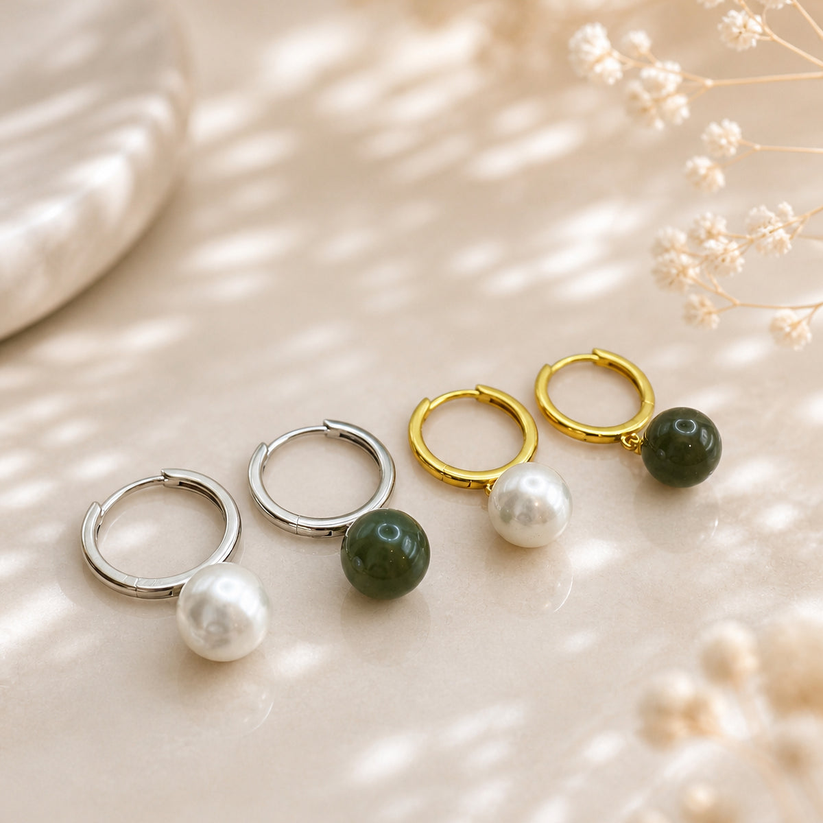 Sterling Silver Jade Drop Huggie Earrings, 18K Gold Finish