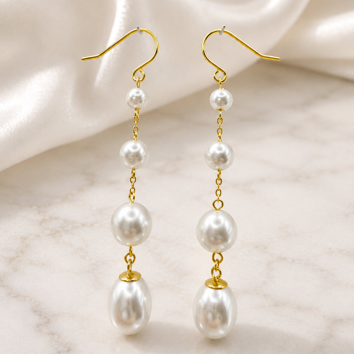 Sterling Silver Long Pearl Drop Earrings, 18K Gold Finish