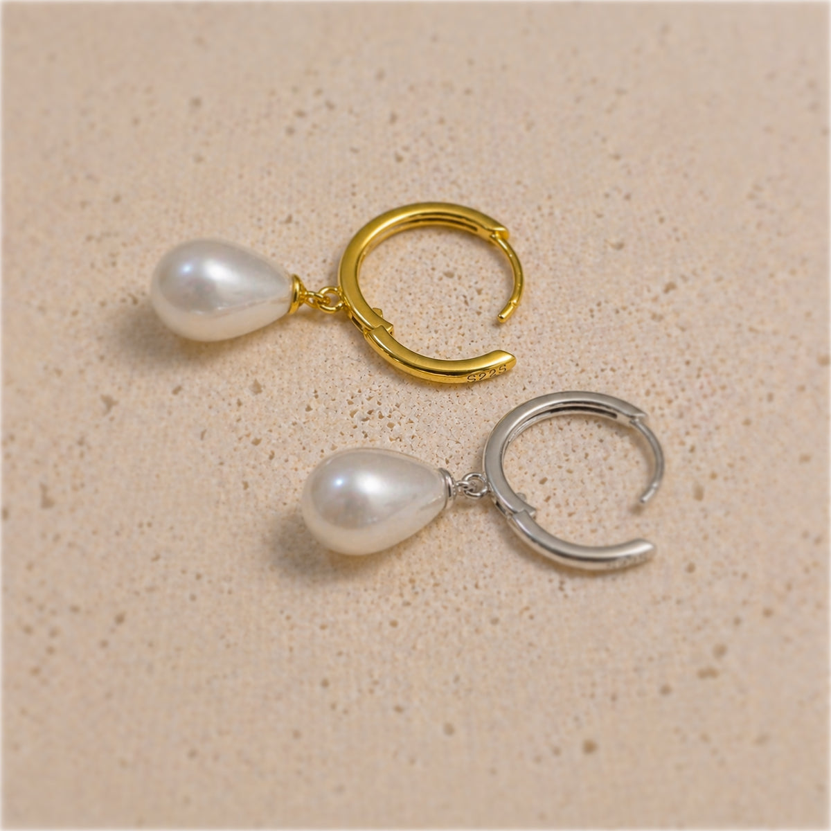 Sterling Silver Pearl Teardrop Huggie Earrings, 18K Gold Finish