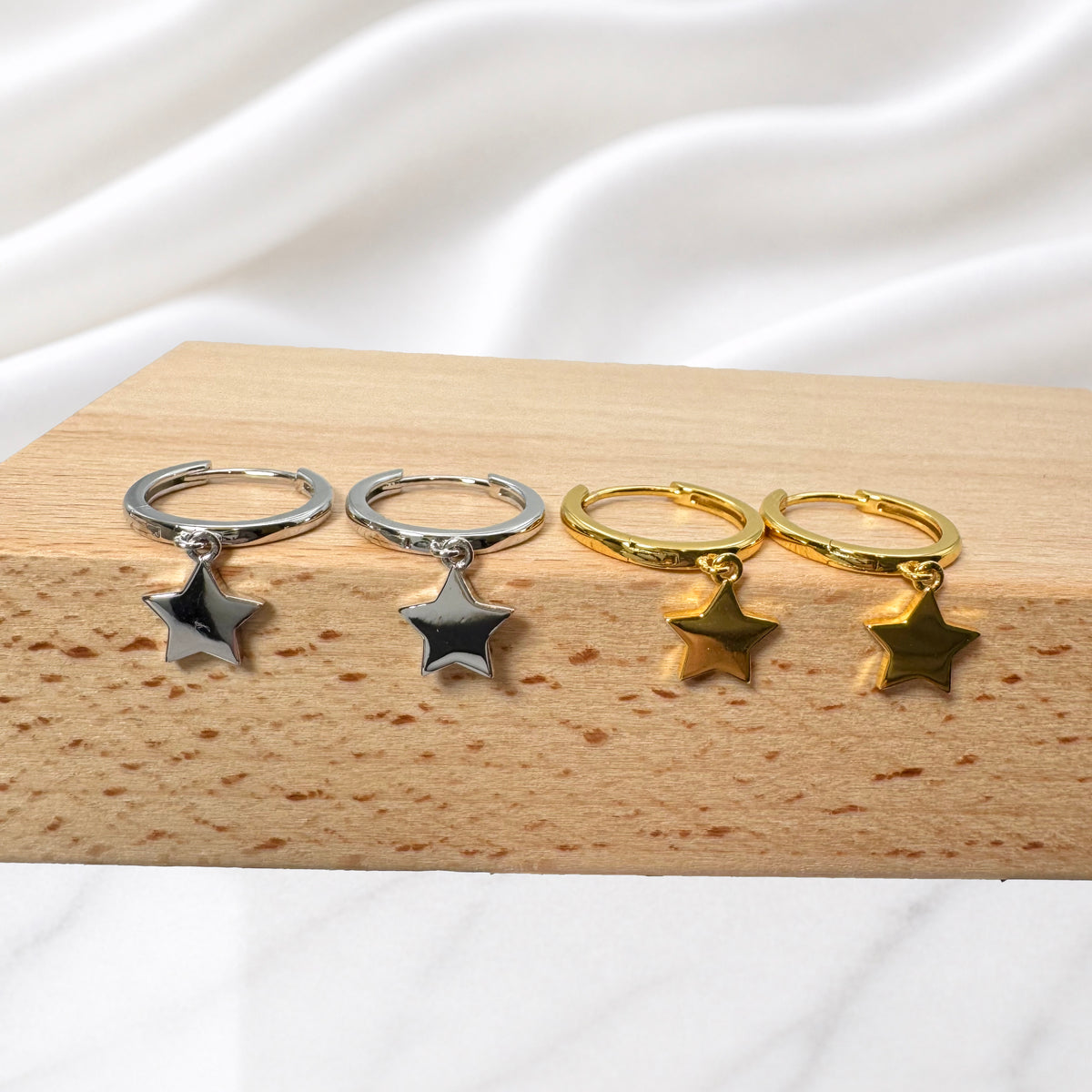 Sterling Silver Star Huggie Earrings, 18K Gold Finish
