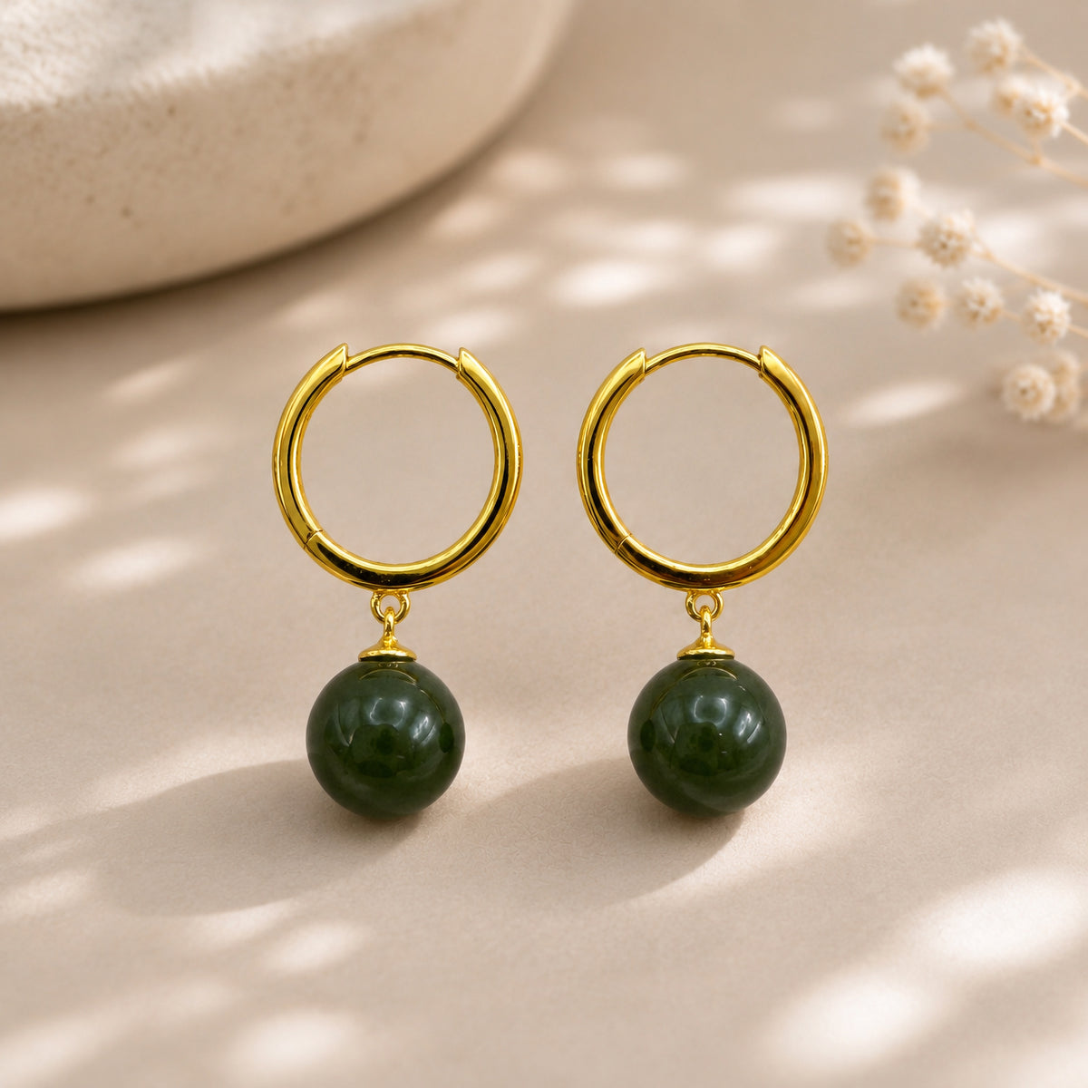 Sterling Silver Jade Drop Huggie Earrings, 18K Gold Finish
