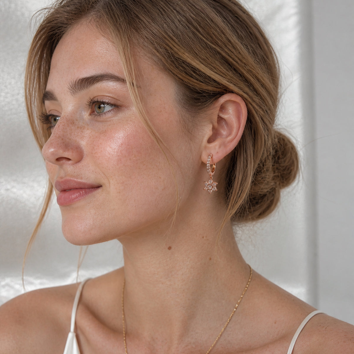 Sterling Silver Flower Huggie Hoops, 18K Gold Finish CZ Floral Drop, Dainty Bridal Earrings