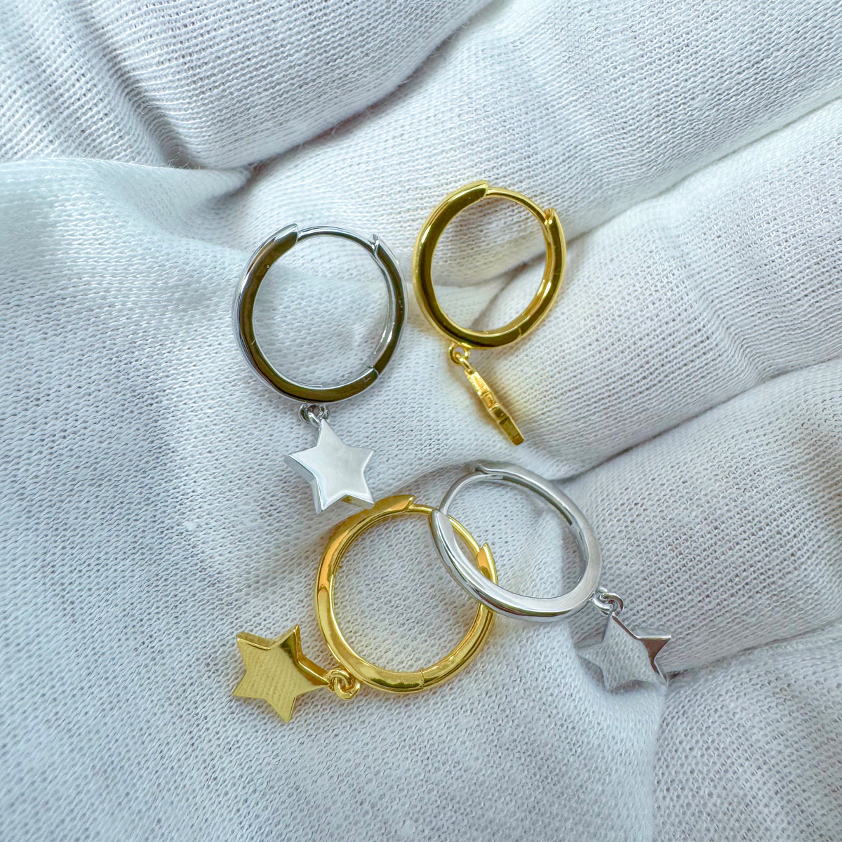 Sterling Silver Star Huggie Earrings, 18K Gold Finish