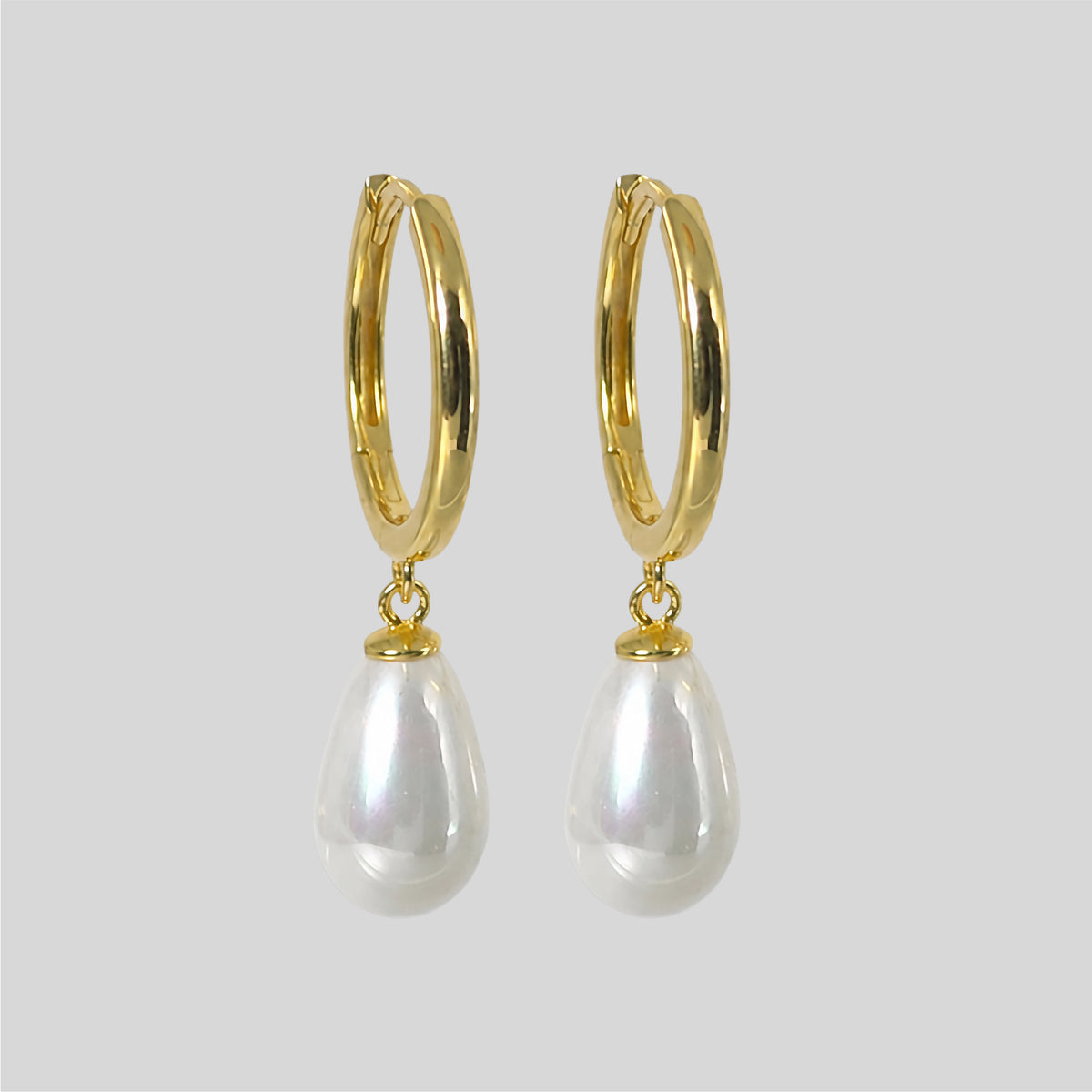 Sterling Silver Pearl Teardrop Huggie Earrings, 18K Gold Finish