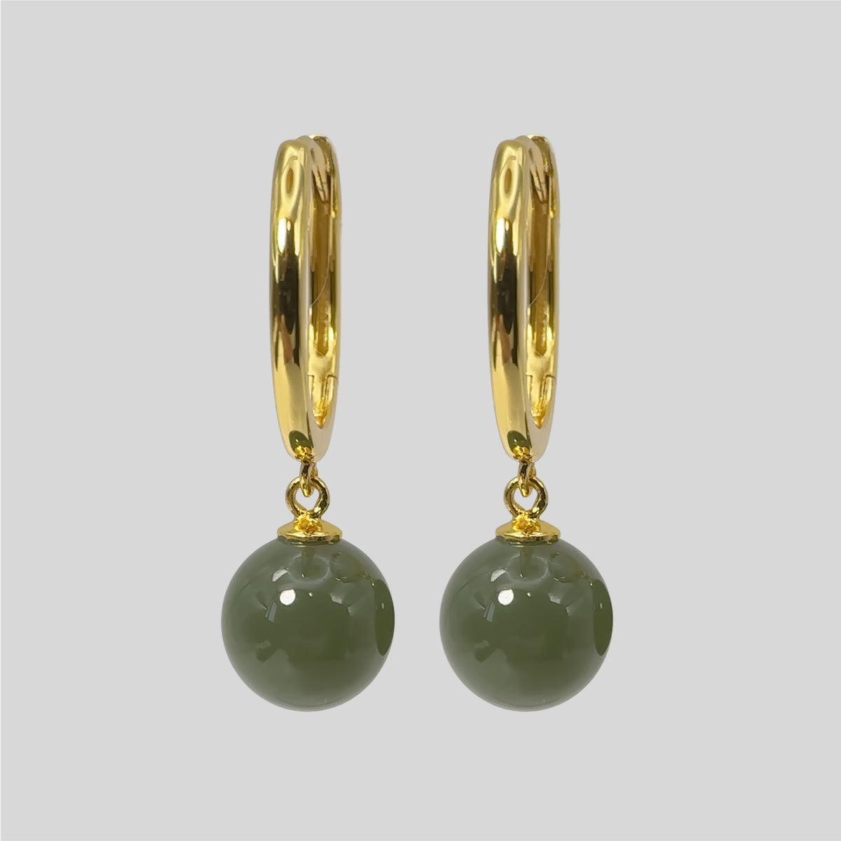 Sterling Silver Jade Drop Huggie Earrings, 18K Gold Finish