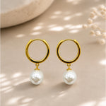 Pearl Drop Huggie Hoop Earrings in Sterling Silver