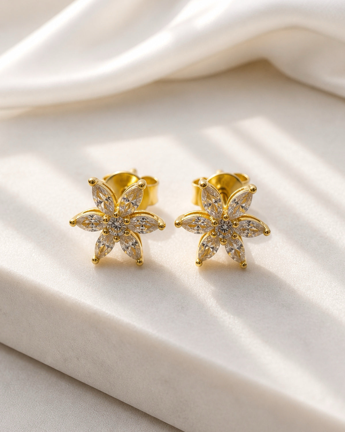925 Sterling Silver Flower Stud Earrings, 18K Gold Finish or Rhodium Finish