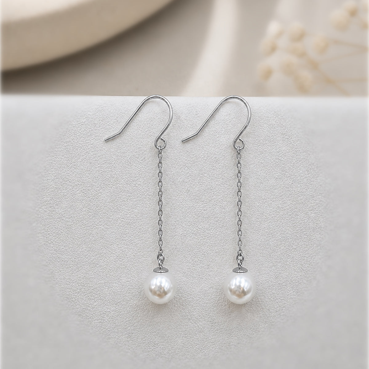 Sterling Silver Pearl Chain Drop Earrings, 18K Gold Finish