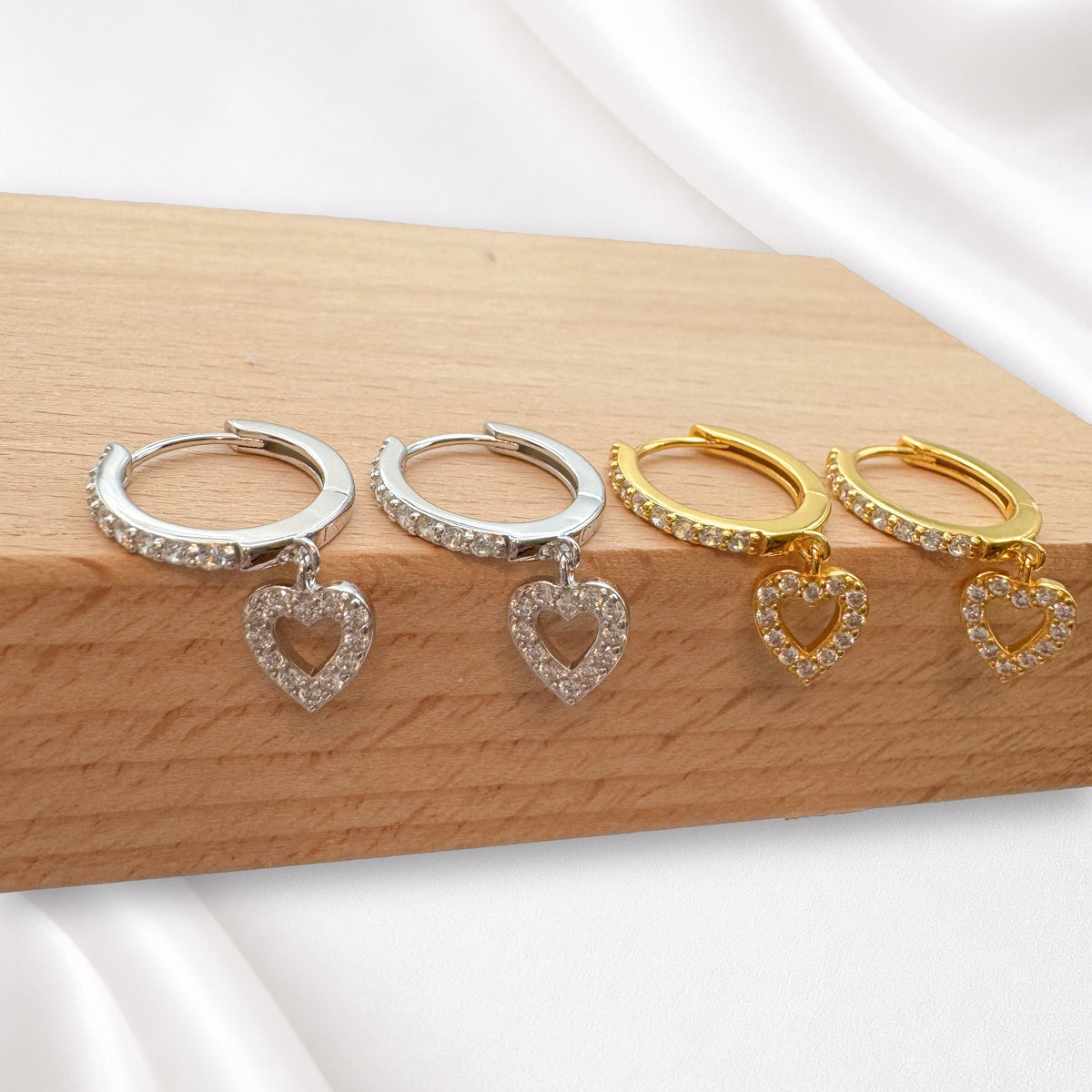 Sterling Silver Open Heart Huggie Earrings, 18K Gold Finish