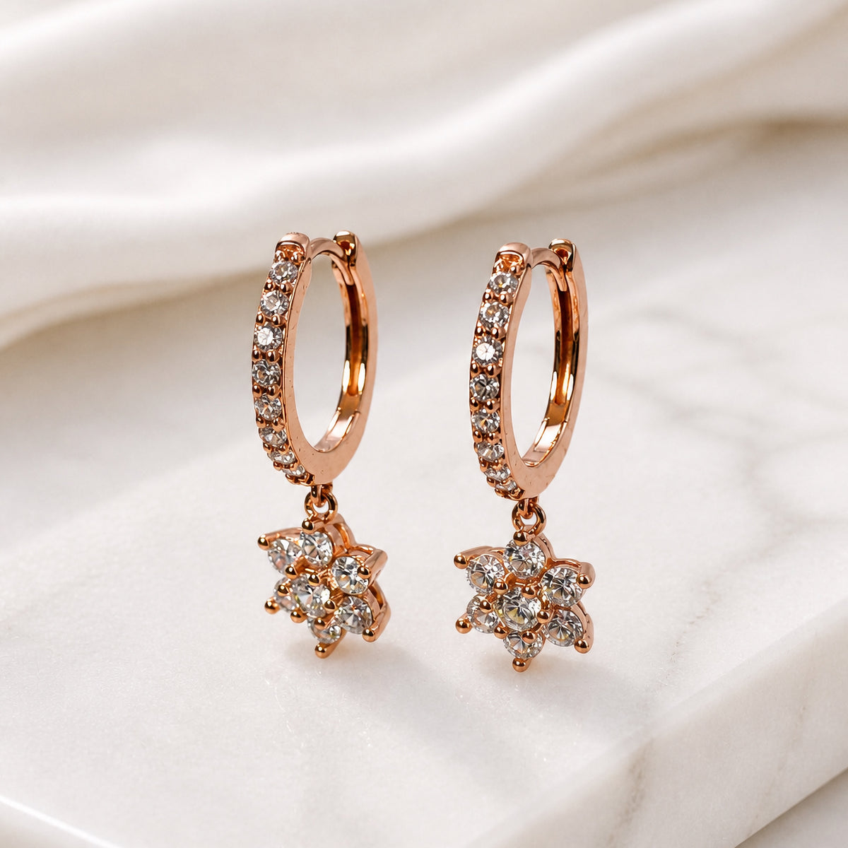 Sterling Silver Flower Huggie Hoops, 18K Gold Finish CZ Floral Drop, Dainty Bridal Earrings