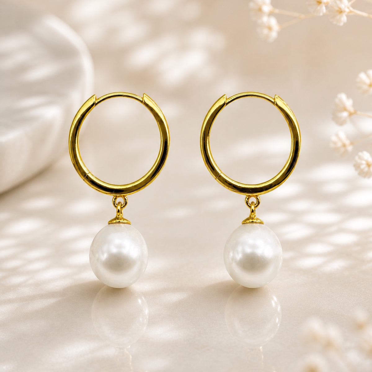 Pearl Drop Huggie Hoop Earrings in Sterling Silver