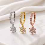 Sterling Silver Flower Huggie Hoops, 18K Gold Finish CZ Floral Drop, Dainty Bridal Earrings