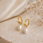 Sterling Silver Pearl Teardrop Huggie Earrings, 18K Gold Finish