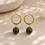 Sterling Silver Jade Drop Huggie Earrings, 18K Gold Finish