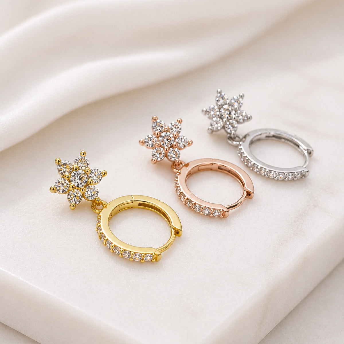 Sterling Silver Flower Huggie Hoops, 18K Gold Finish CZ Floral Drop, Dainty Bridal Earrings