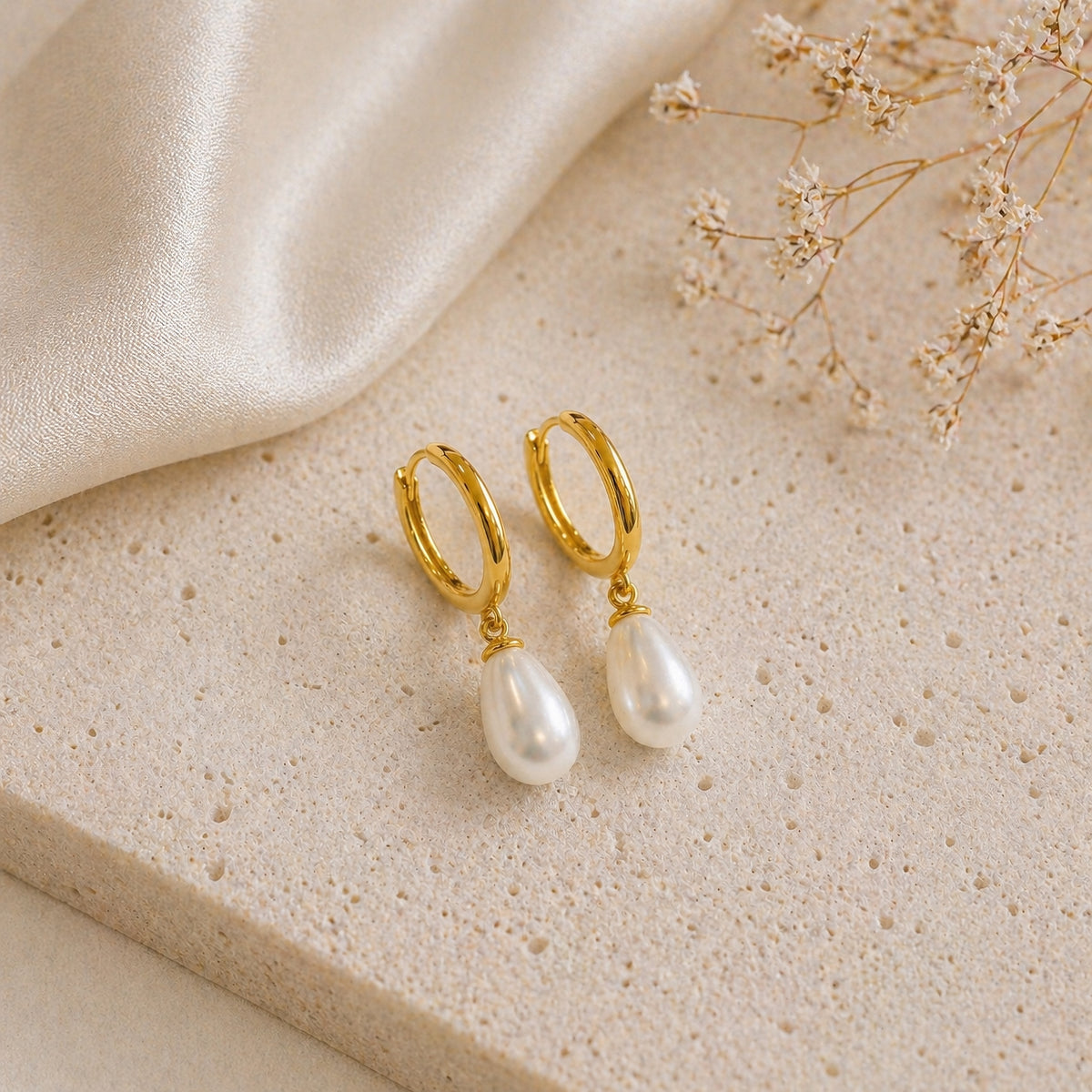 Sterling Silver Pearl Teardrop Huggie Earrings, 18K Gold Finish