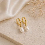 Sterling Silver Pearl Teardrop Huggie Earrings, 18K Gold Finish