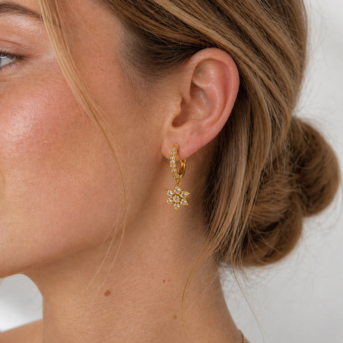Sterling Silver Flower Huggie Hoops, 18K Gold Finish CZ Floral Drop, Dainty Bridal Earrings