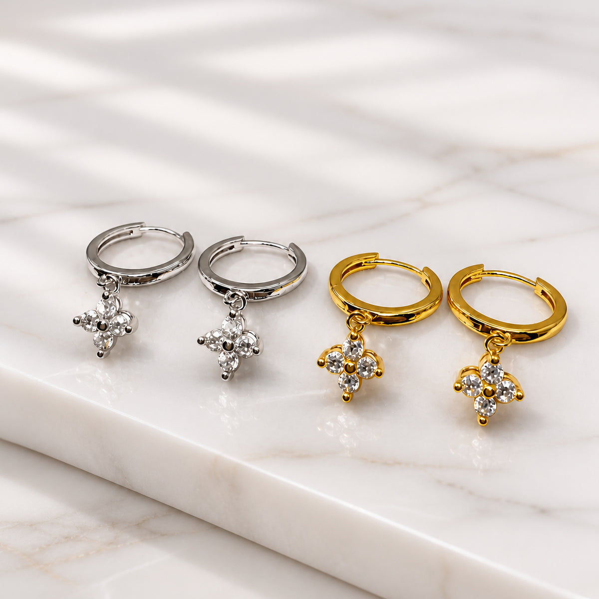 Sterling Silver Floral Huggie Earrings, 18K Gold Finish