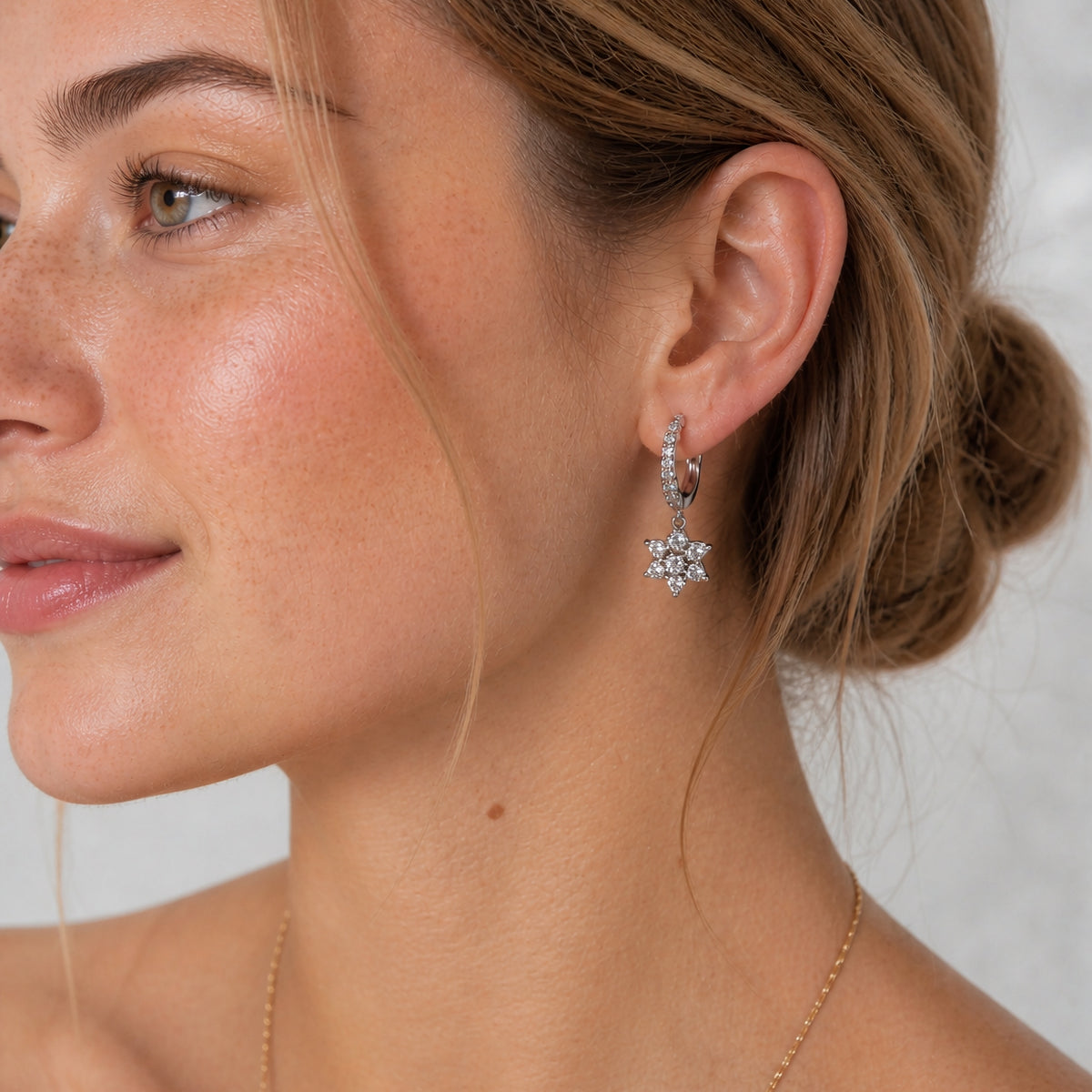 Sterling Silver Flower Huggie Hoops, 18K Gold Finish CZ Floral Drop, Dainty Bridal Earrings