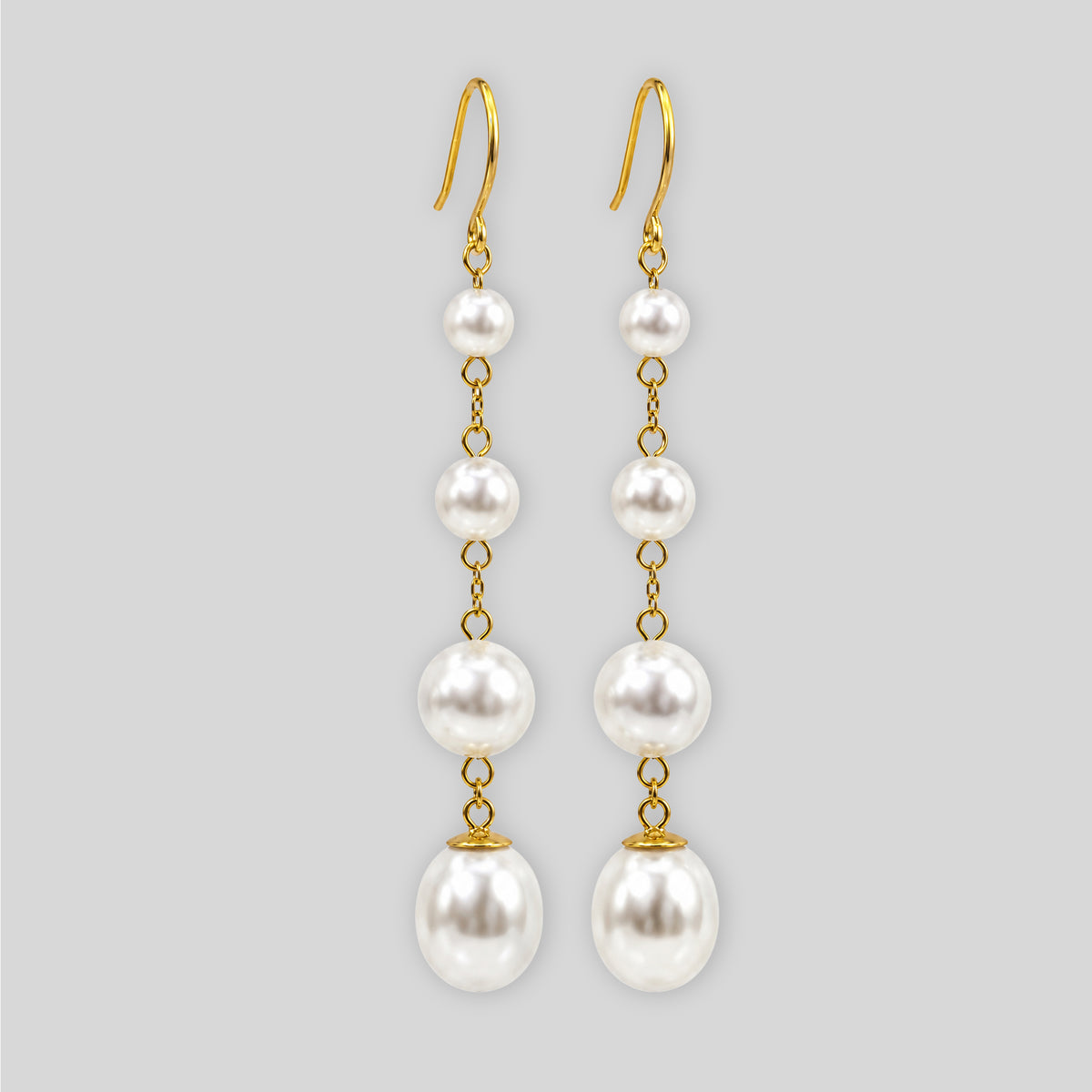 Sterling Silver Long Pearl Drop Earrings, 18K Gold Finish