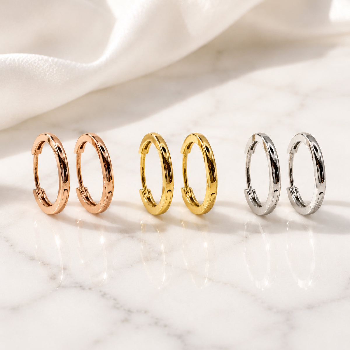 Sterling Silver Huggie Hoops, 18K Gold Finish Minimalist Small Hoops, Classic and Wavy Hinged Earrings