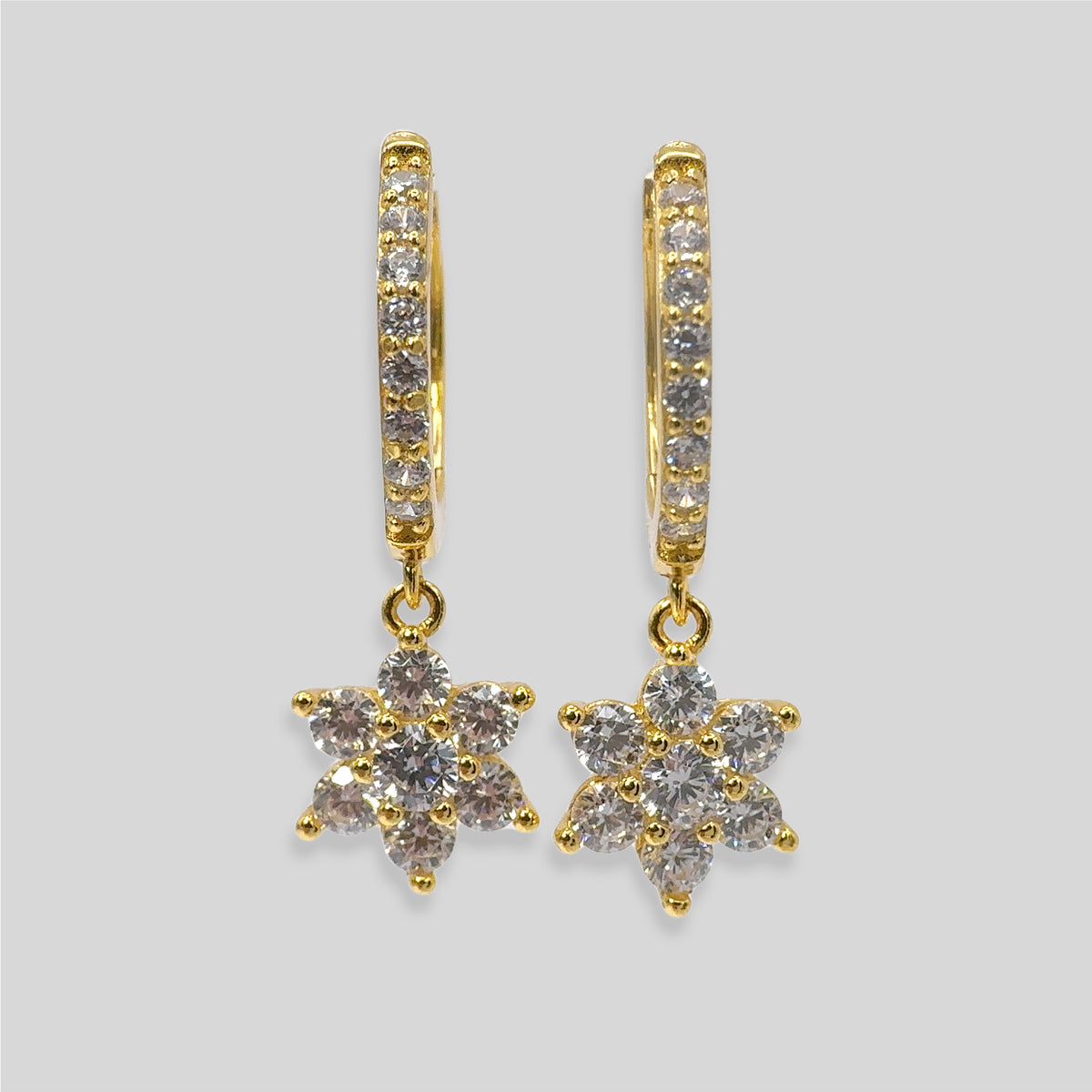 Sterling Silver Flower Huggie Hoops, 18K Gold Finish CZ Floral Drop, Dainty Bridal Earrings